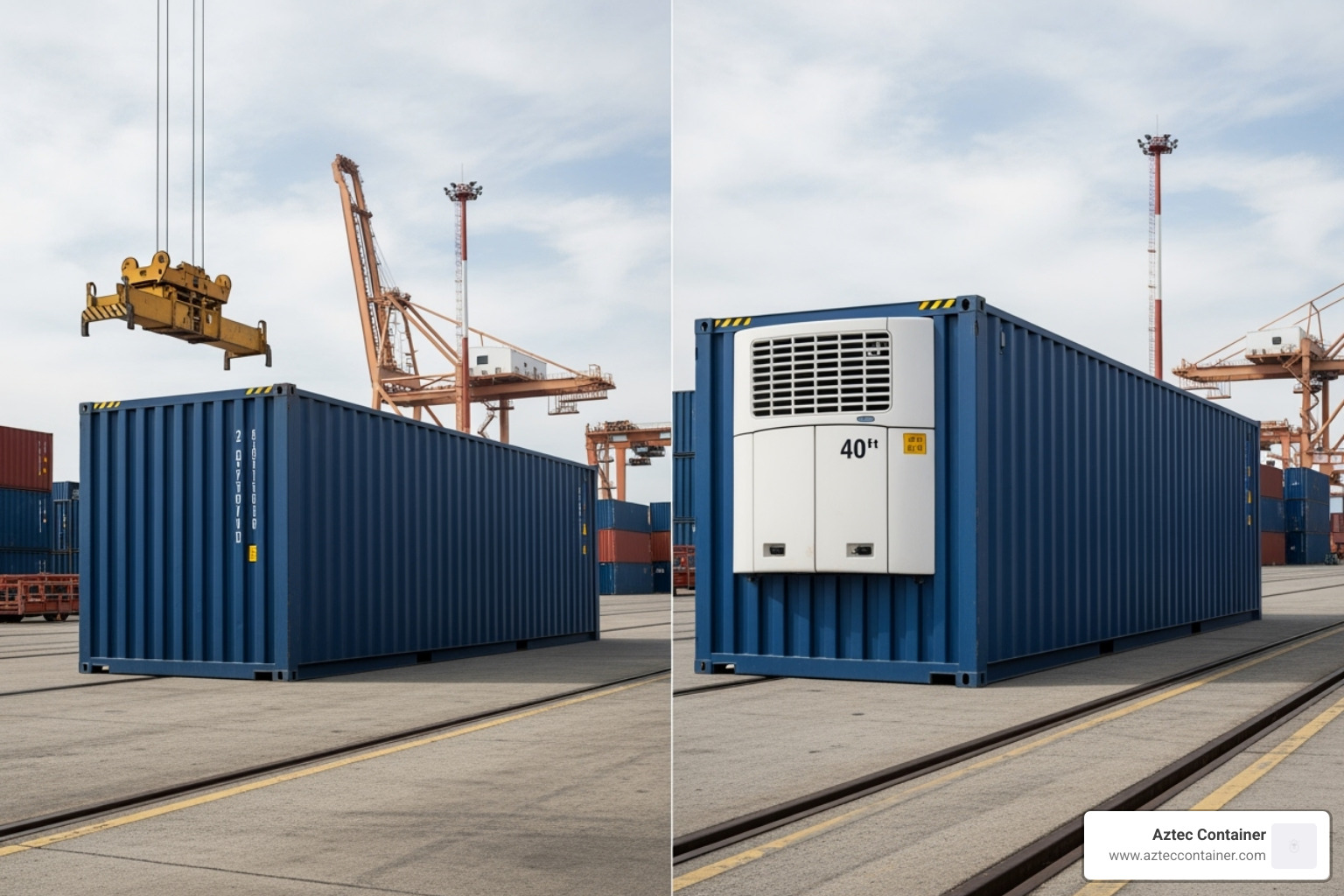 Side-by-side comparison of a 20-foot and 40-foot reefer container showing the size difference - reefer container for sale