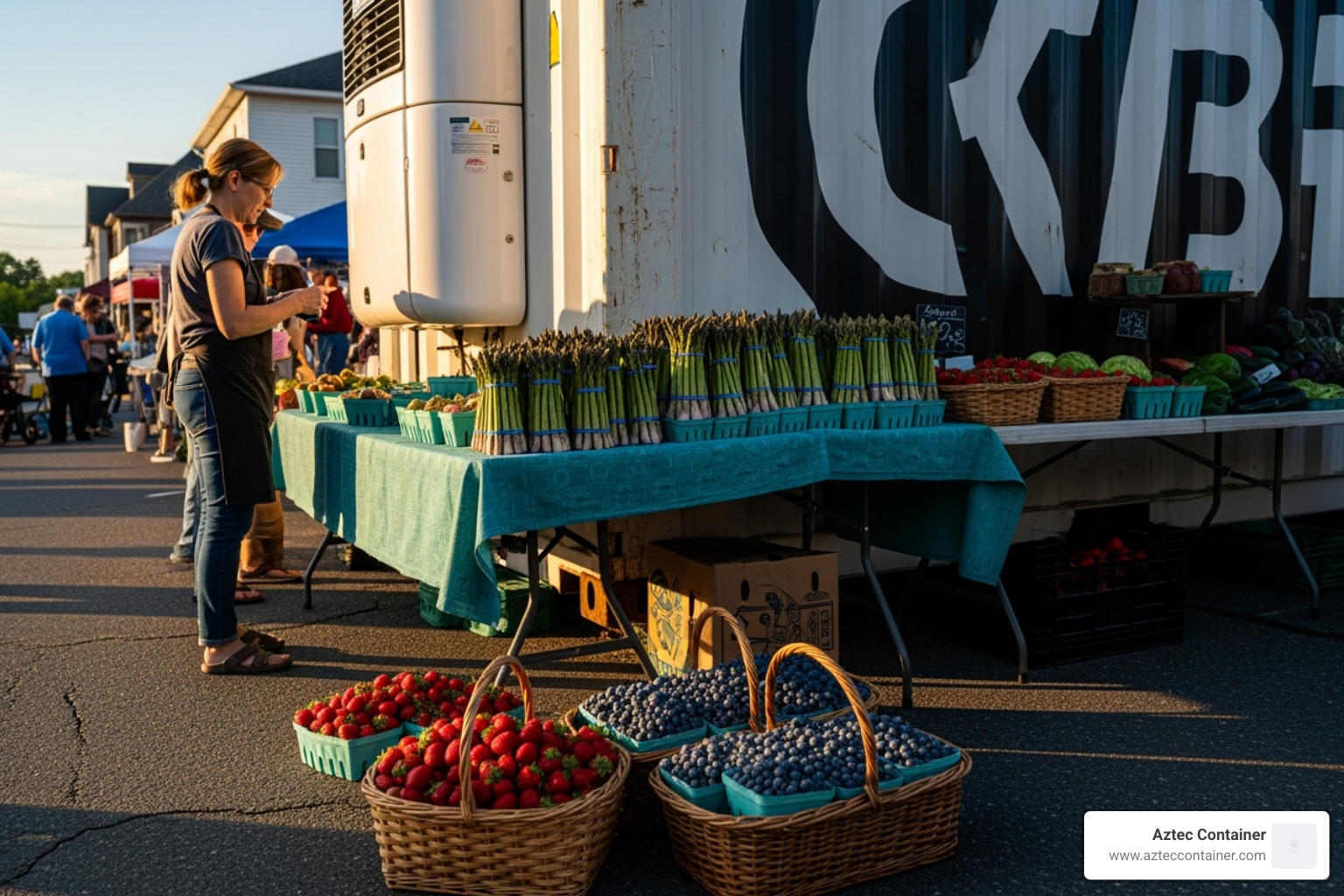 Reefer container being used at an outdoor farmers market or agricultural facility - reefer container for sale
