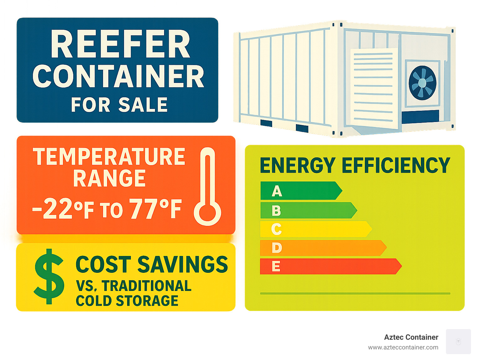 Statistical comparison showing reefer container temperature ranges, energy efficiency ratings, and cost savings compared to traditional cold storage facilities - reefer container for sale infographic 