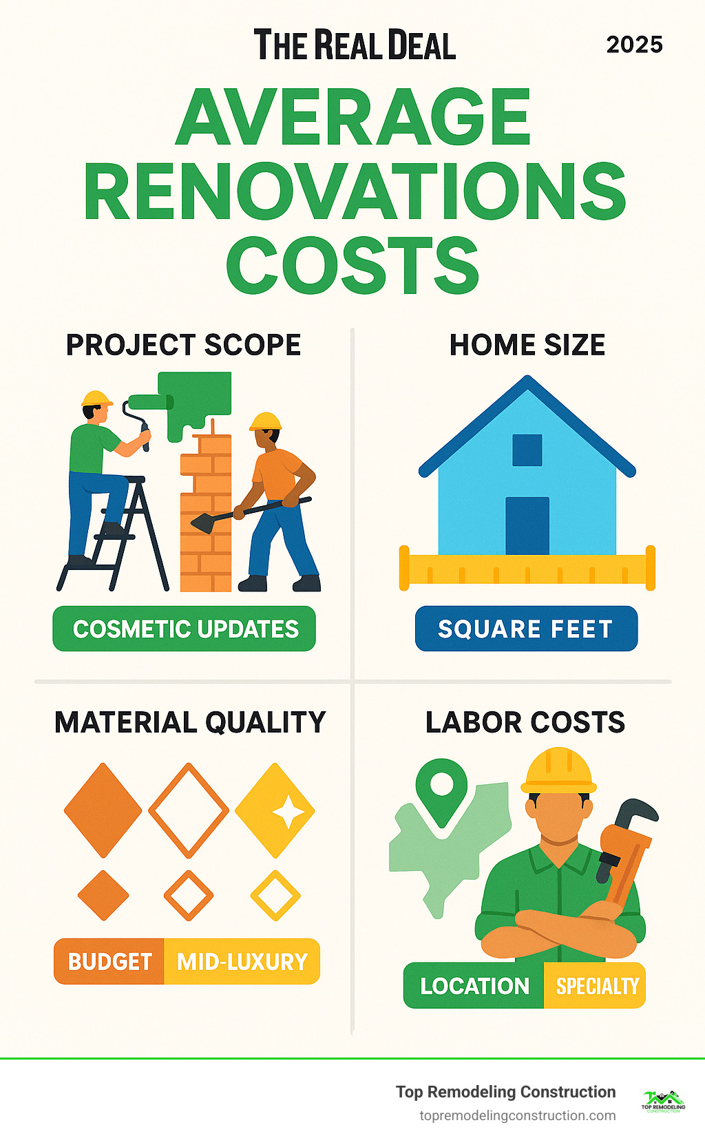 Comprehensive breakdown of home renovation cost factors including project scope showing cosmetic updates versus structural changes, home size measured in square feet, material quality ranging from budget to luxury options, and labor costs varying by location and specialty trades - average renovation costs infographic