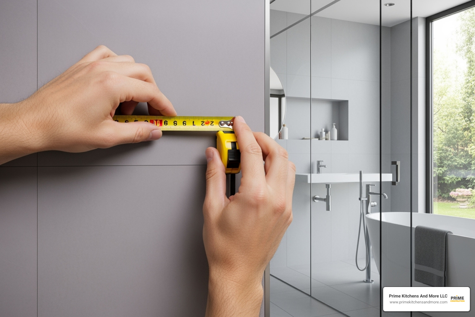 Measuring tape in a bathroom space, indicating planning - Bathroom vanity cabinets Orlando