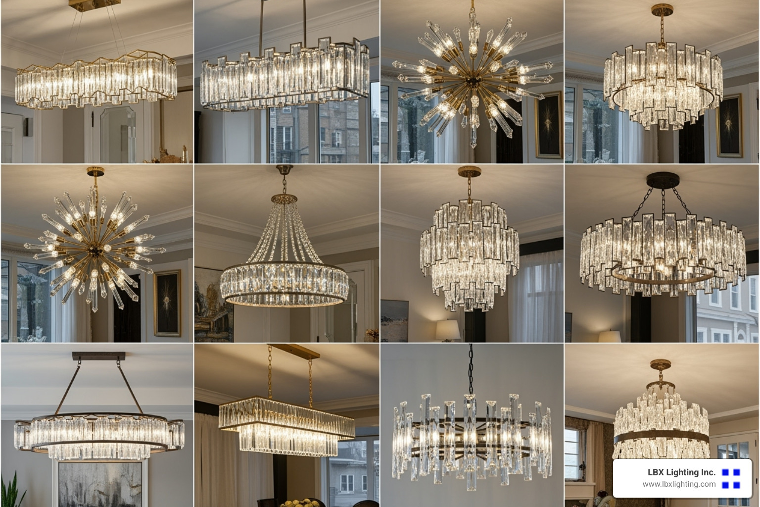 Collage showcasing various chandelier shapes like linear, round, and sputnik, and finishes like gold, chrome, and black - crystal dining room chandeliers