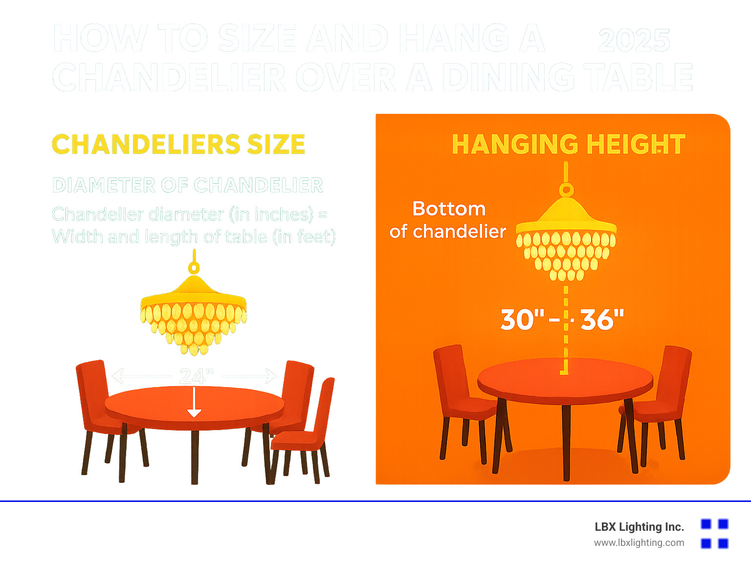 Infographic illustrating the rules for chandelier sizing and hanging height over a dining table - crystal dining room chandeliers infographic 