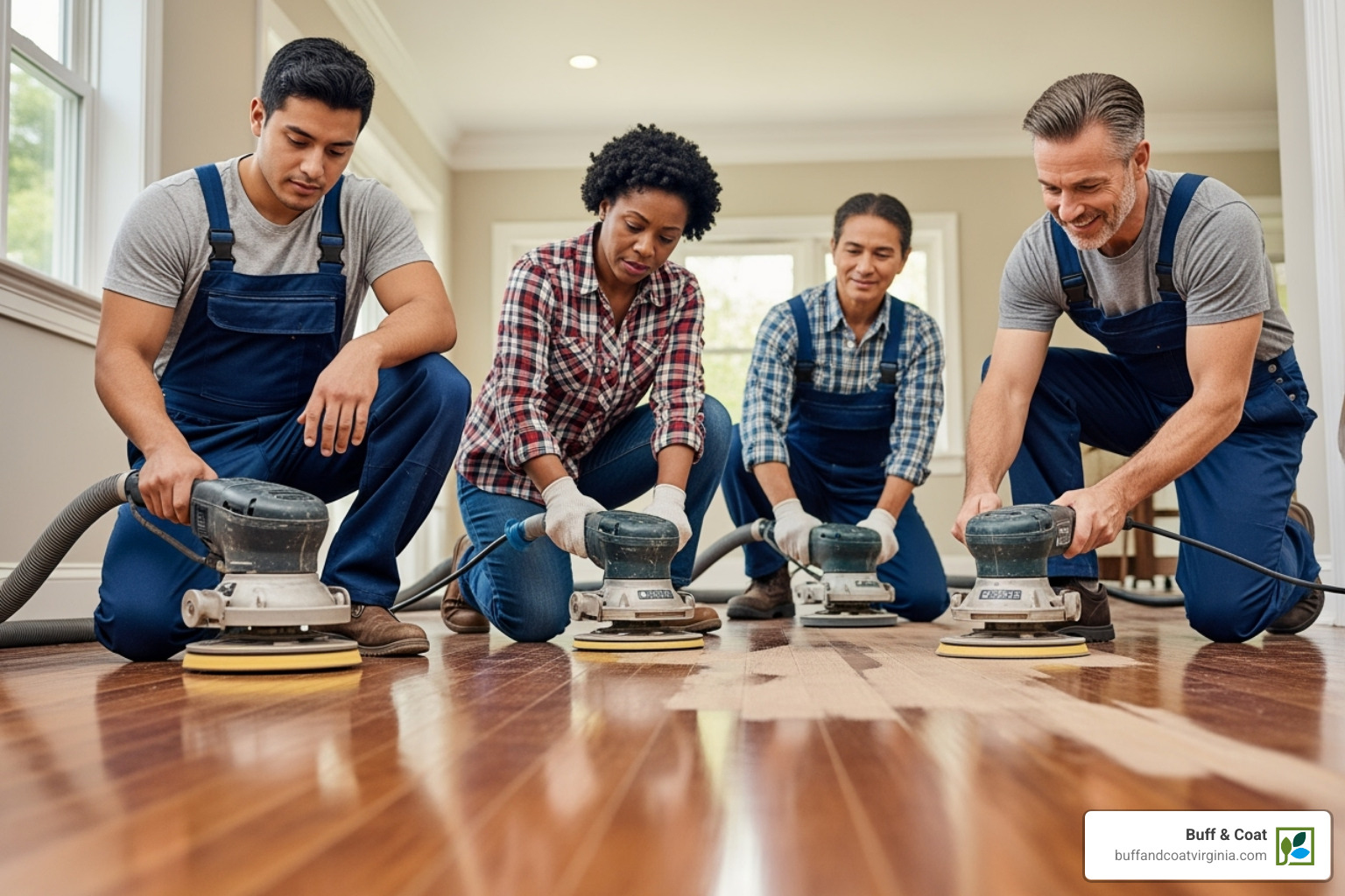 Team of flooring professionals working together on a refinishing project - wood floor refinishing midlothian va
