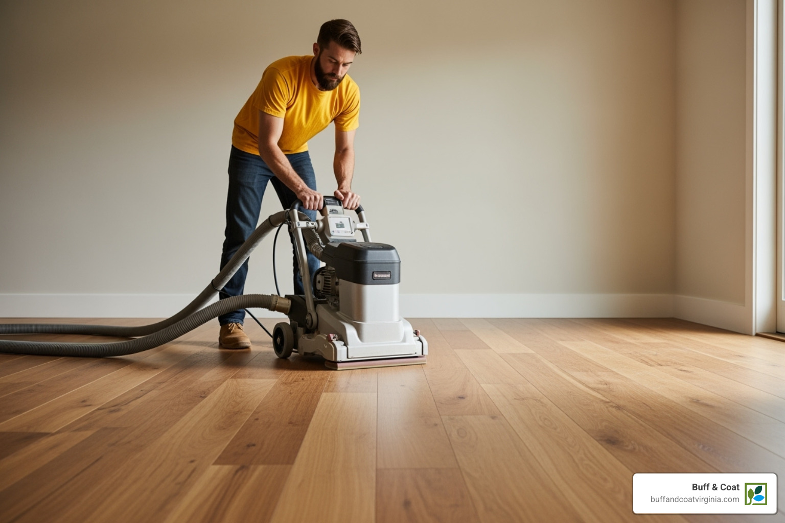 Professional using a dustless sanding machine on hardwood floors - wood floor refinishing midlothian va