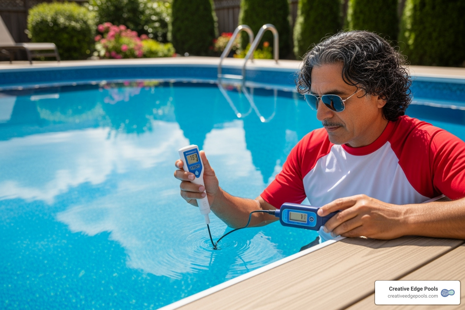 Homeowner testing pristine pool water with a test kit - Gunite Pools Weston MA