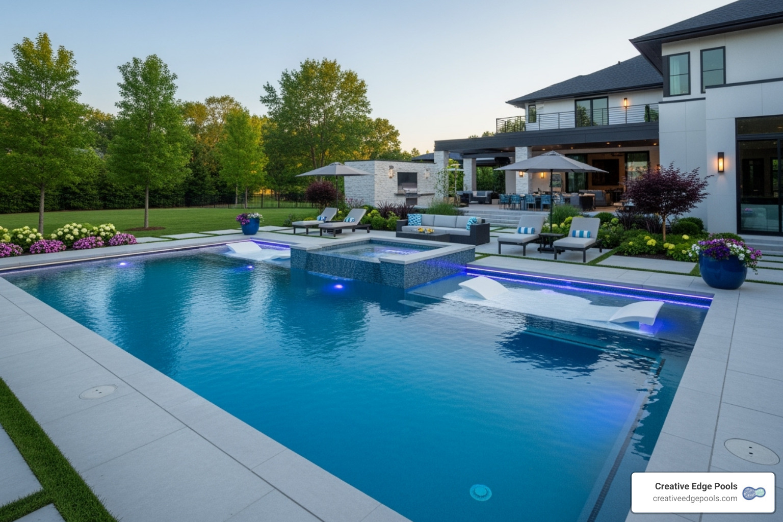 Modern gunite pool with integrated spa, tanning ledge, and LED lighting - Gunite Pools Weston MA