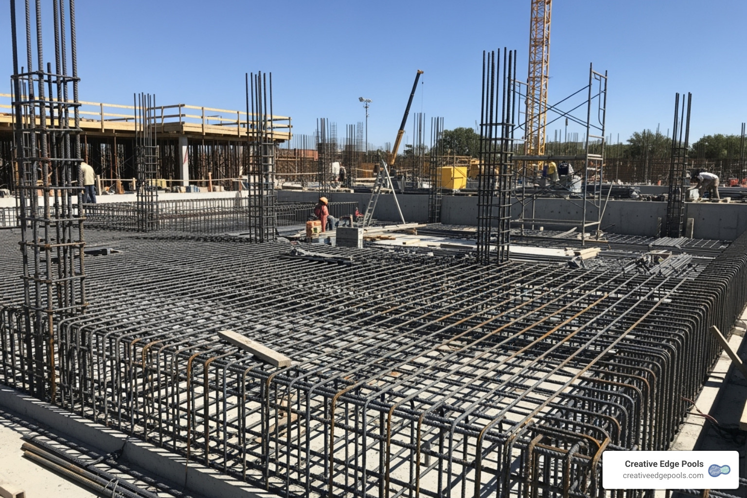 Intricate steel rebar framework of a pool before gunite application - Gunite Pools Weston MA