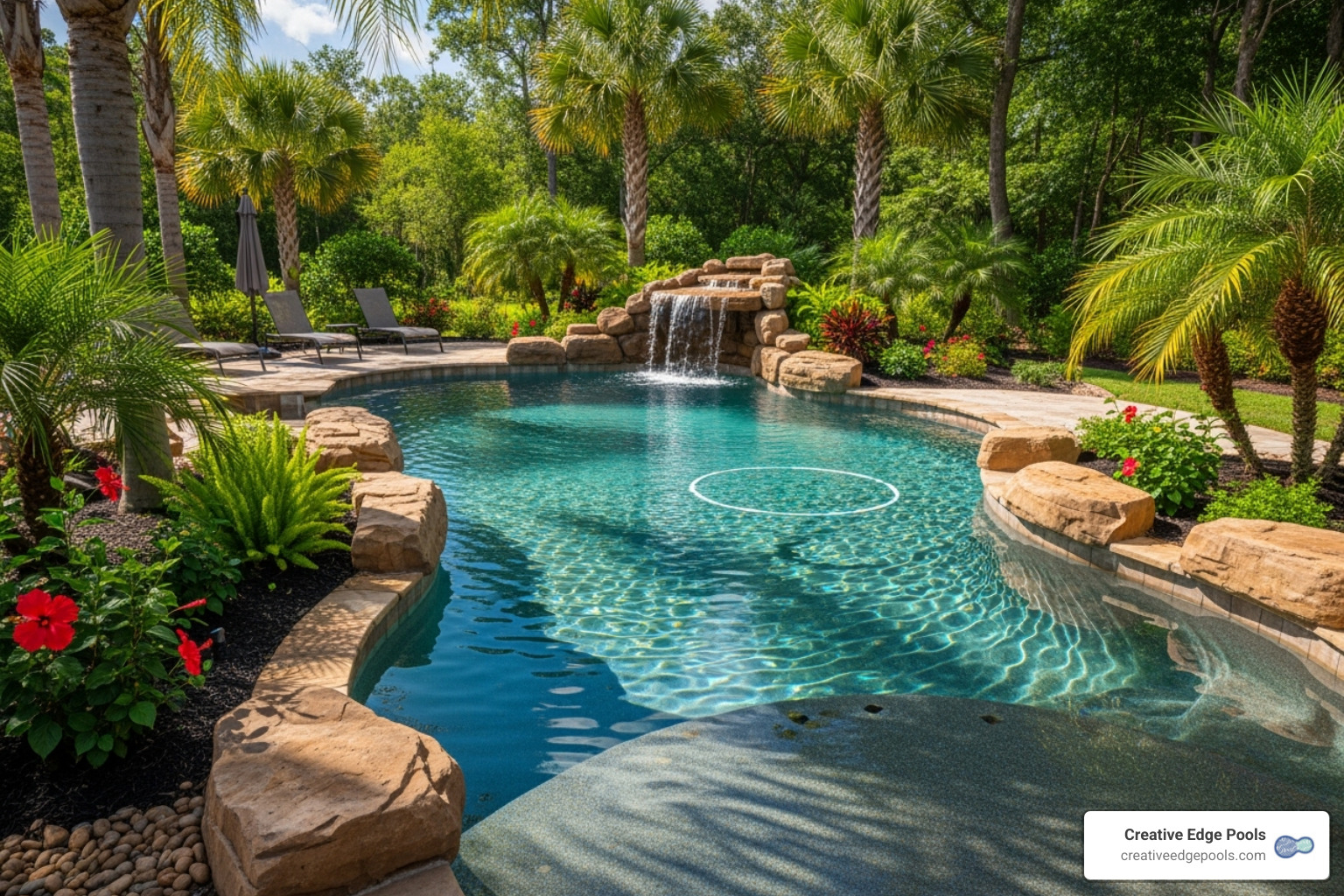 Freeform gunite pool with natural rock waterfall feature - Gunite Pools Weston MA