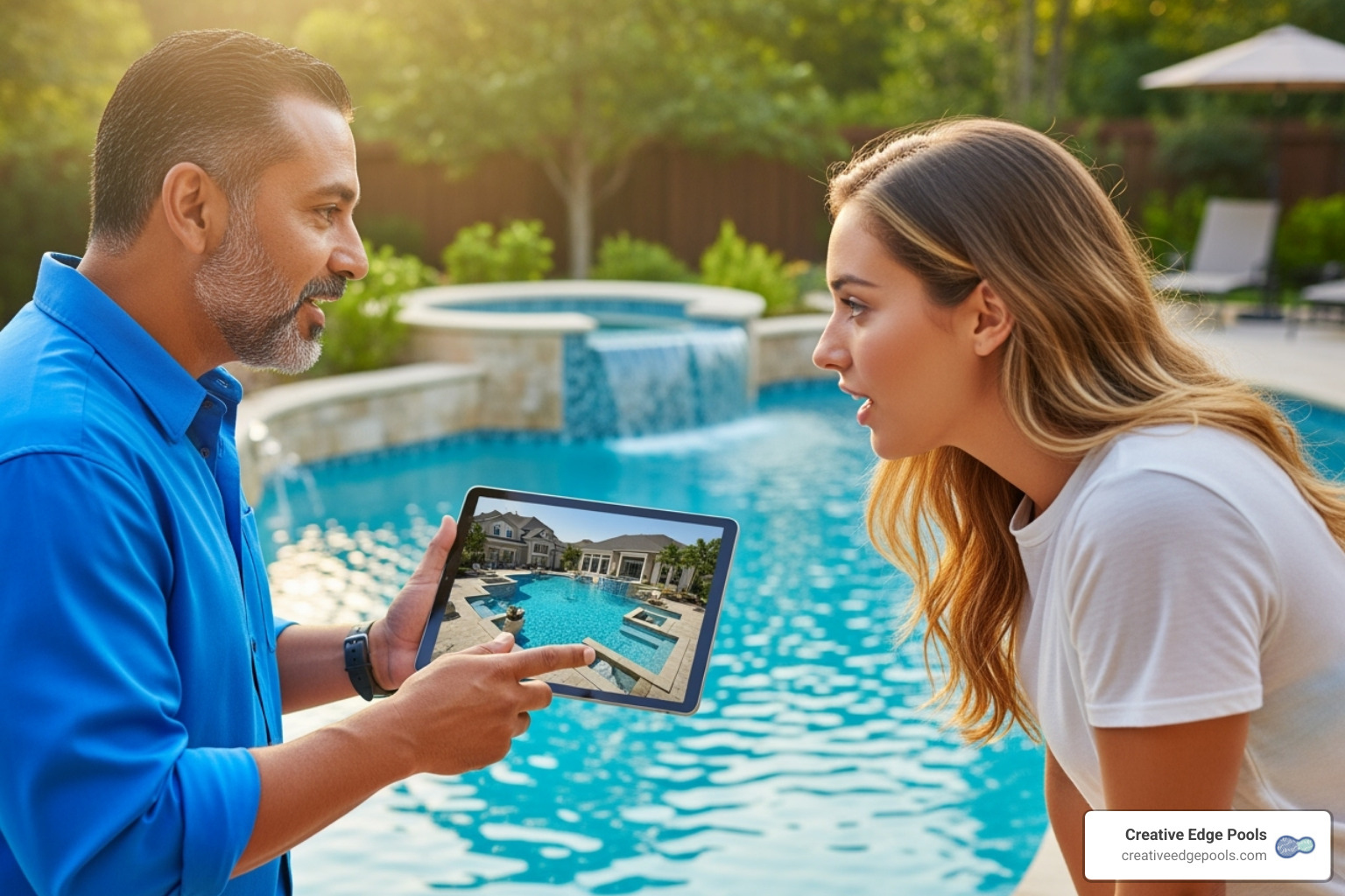 Friendly pool builder discussing 3D design with homeowner on tablet - Gunite Pools Weston MA