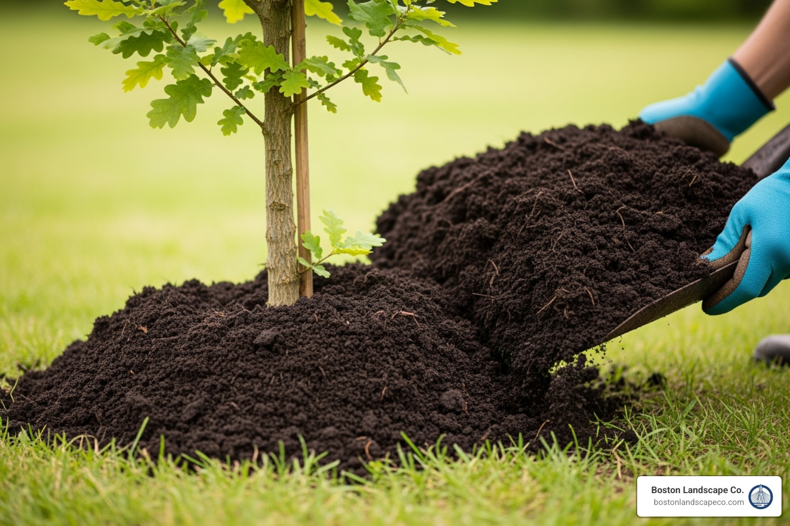rich, dark compost being spread as mulch around the base of a young tree - eco-friendly tree care