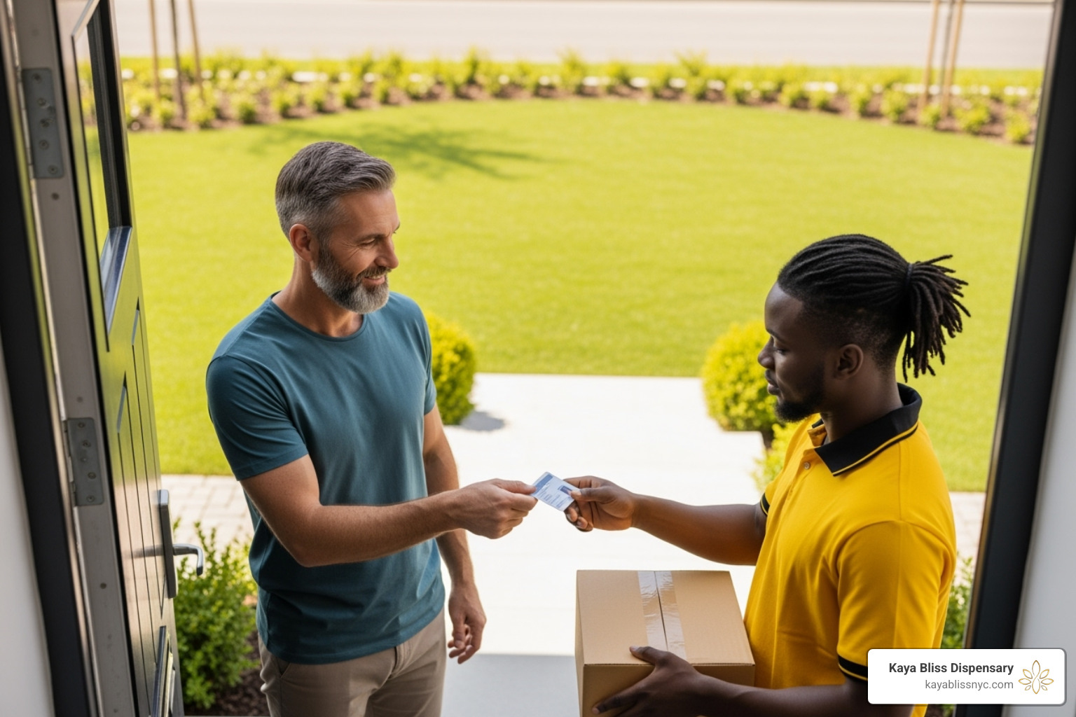 Person presenting ID to delivery driver - dispensaries that deliver