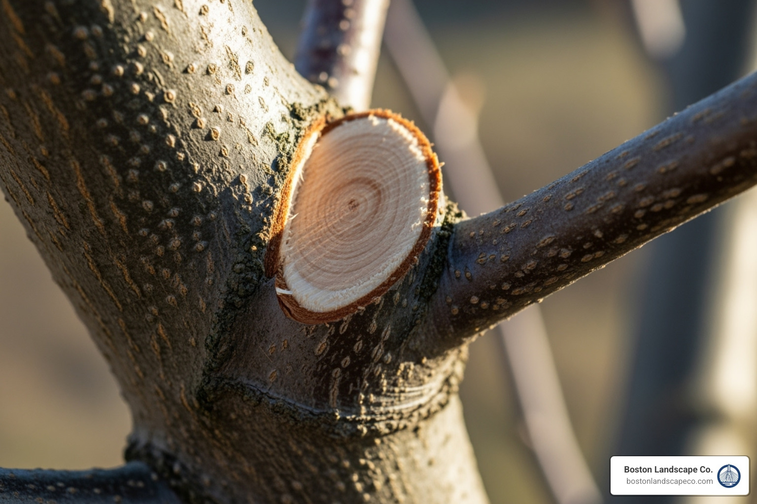 demonstrating a proper, clean pruning cut just outside the branch collar - eco-friendly tree care