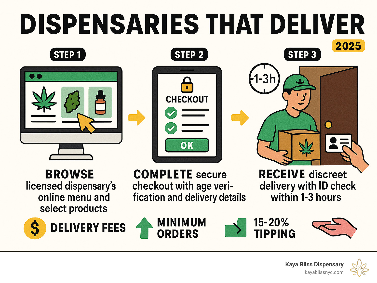 Infographic showing the cannabis delivery process: Step 1 - Browse licensed dispensary's online menu and select products, Step 2 - Complete secure checkout with age verification and delivery details, Step 3 - Receive discreet delivery with ID check within 1-3 hours, including details about delivery fees, minimum orders, and tipping guidelines - dispensaries that deliver infographic 