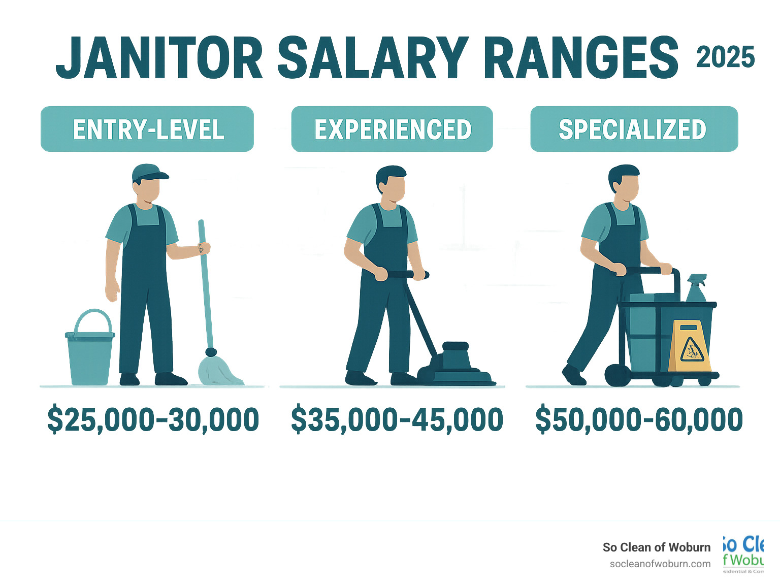 Infographic showing janitor salary ranges across different experience levels and specializations, with entry-level positions starting at $25,000-$30,000 annually, experienced janitors earning $35,000-$45,000, and specialized roles reaching $50,000-$60,000 per year - Janitors infographic 