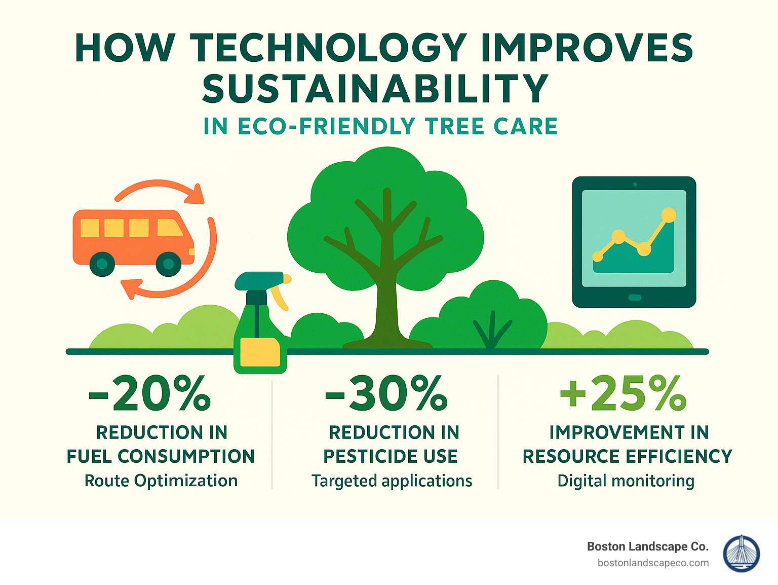 Infographic showing how technology improves sustainability in tree care: 20% reduction in fuel consumption through route optimization, 30% reduction in pesticide use through targeted applications, and 25% improvement in resource efficiency through digital monitoring - eco-friendly tree care infographic 