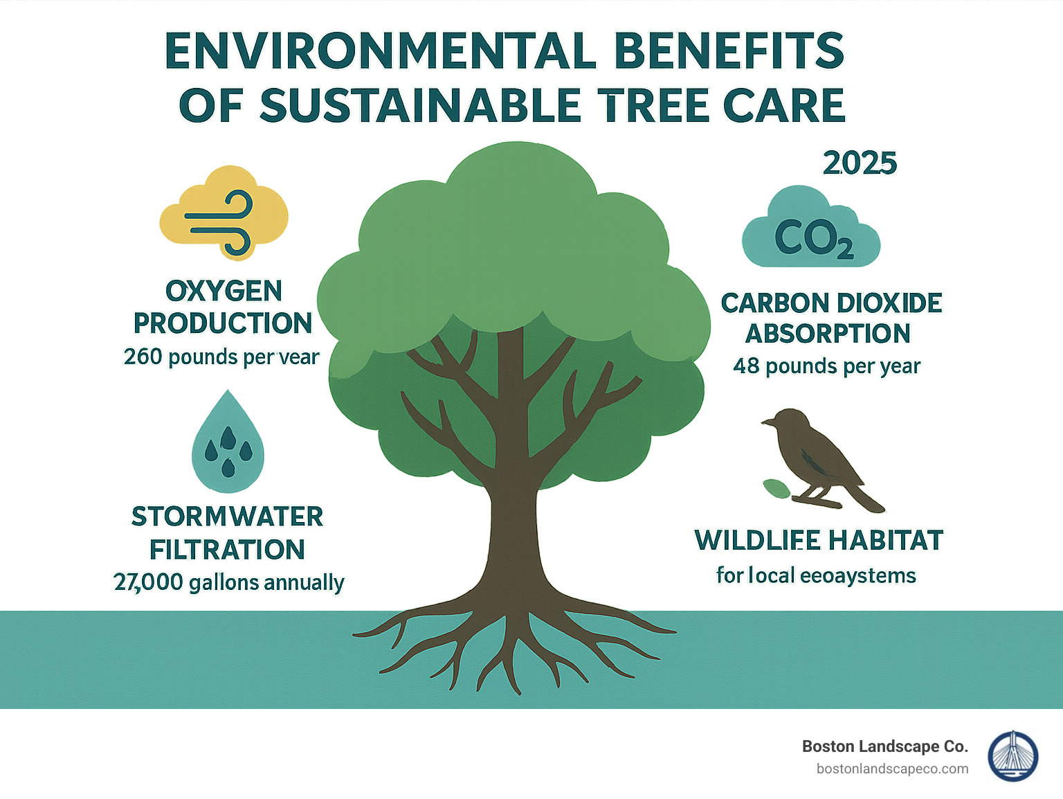 Infographic showing environmental benefits of sustainable tree care including oxygen production (260 pounds per year), carbon dioxide absorption (48 pounds per year), stormwater filtration (27,000 gallons annually), and wildlife habitat support for local ecosystems - eco-friendly tree care infographic 