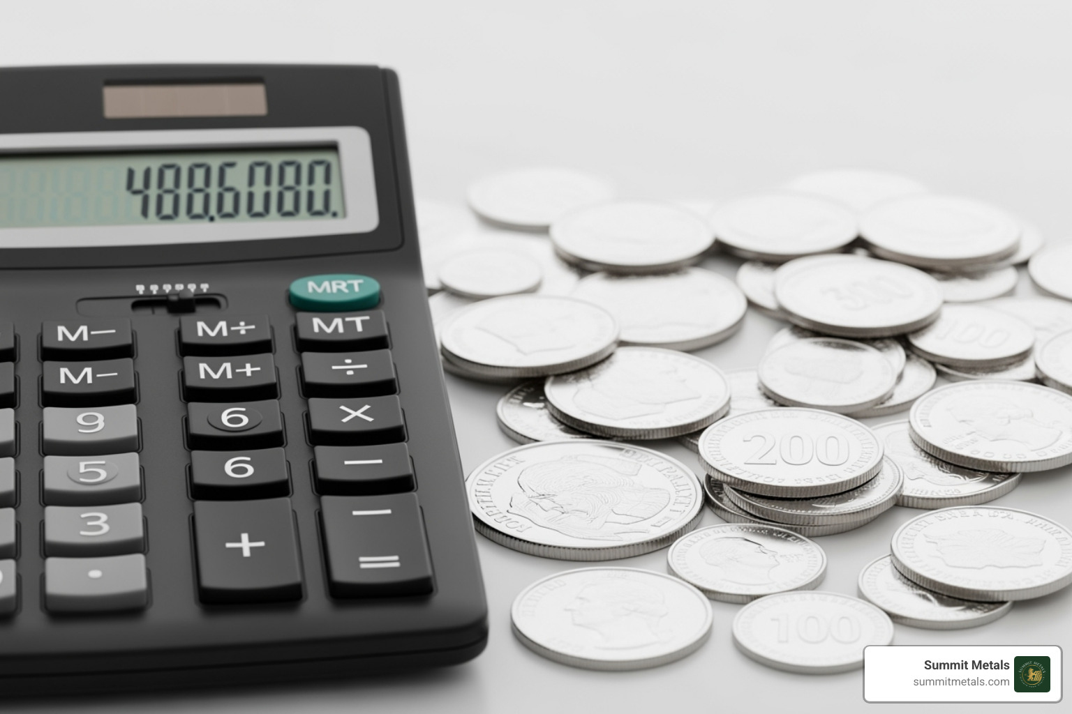 calculator next to silver coins and bars - Buy Silver in Utah