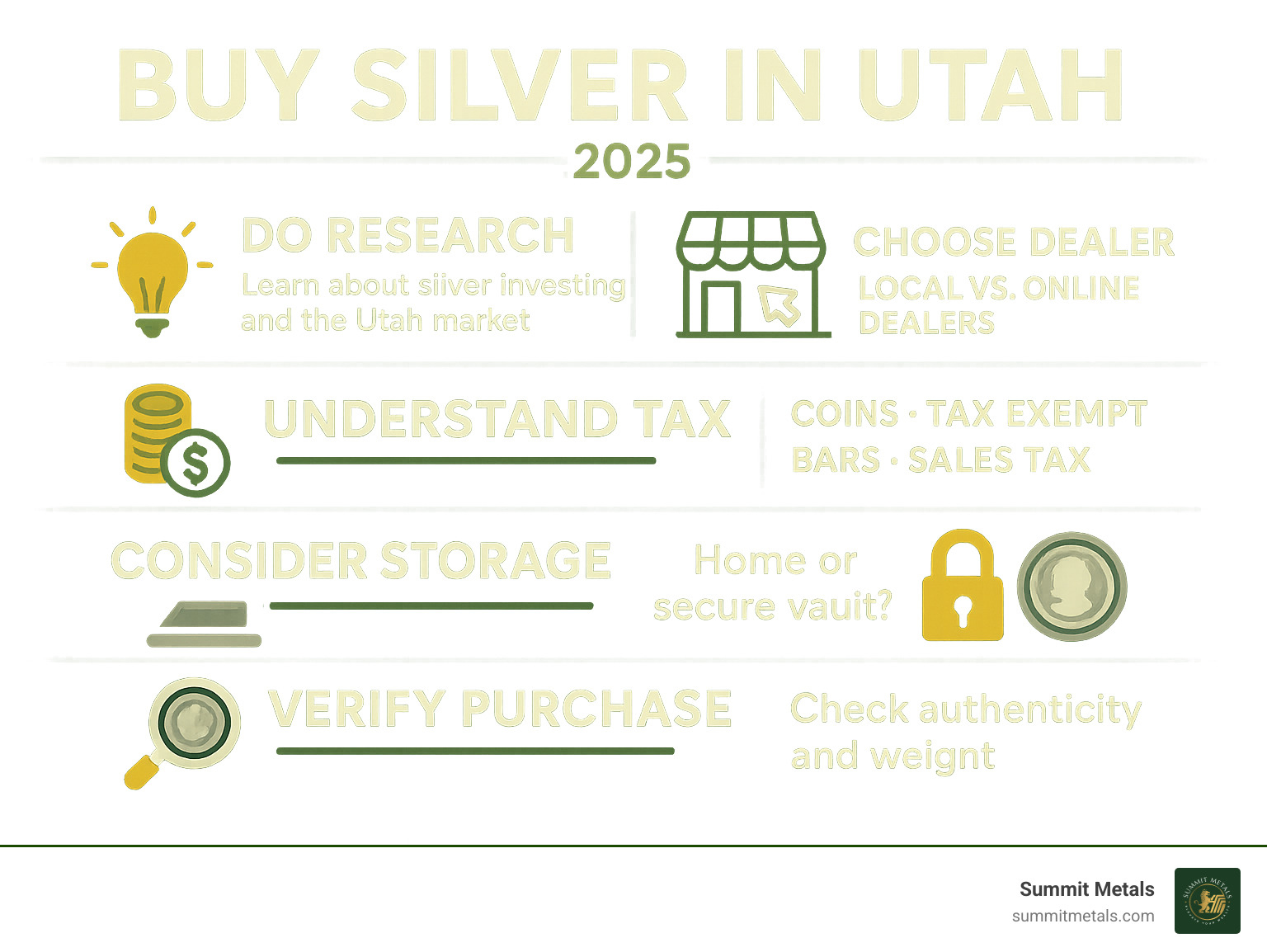 Comprehensive infographic showing the step-by-step process of buying silver in Utah, including research phase, choosing between local vs online dealers, understanding tax implications for different silver products, storage options, and verification methods - Buy Silver in Utah infographic 