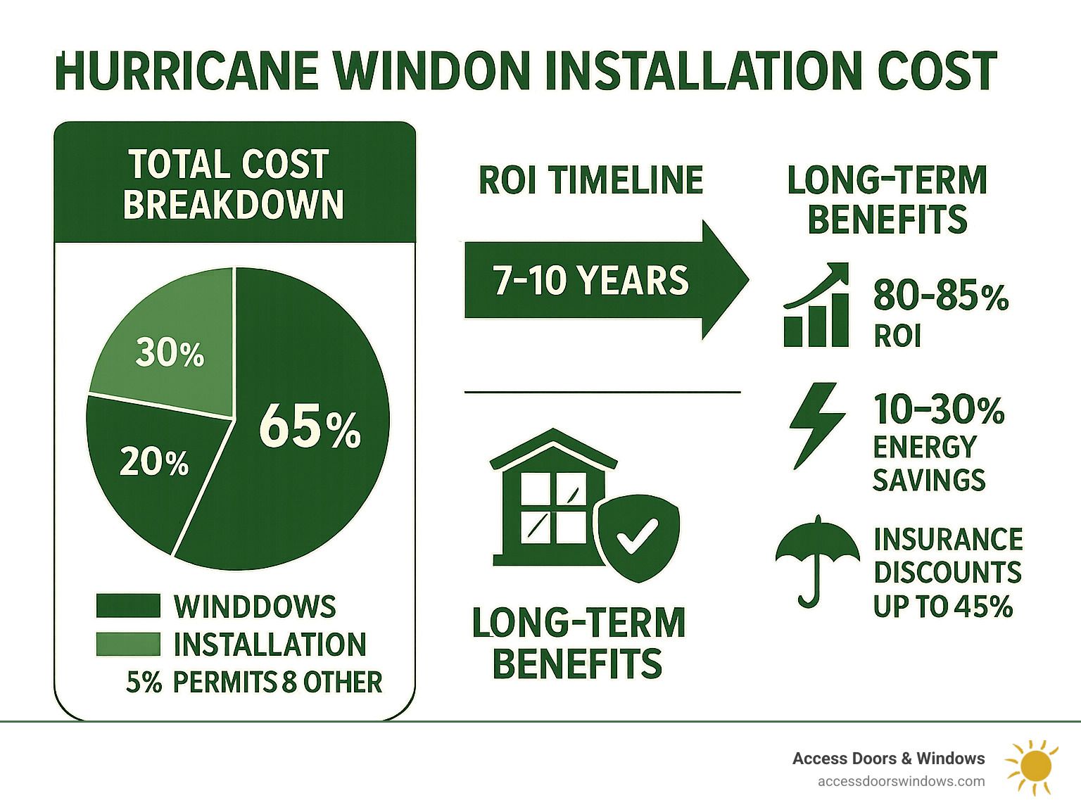 Summary infographic showing total cost breakdown, ROI timeline, and long-term benefits of hurricane window installation - hurricane window installation cost infographic 