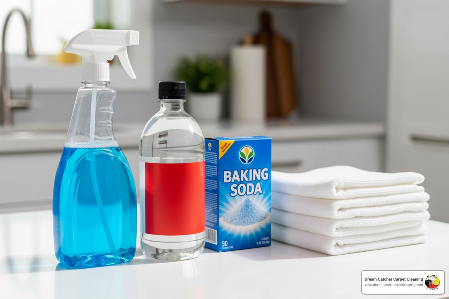 cleaning supplies including spray bottle, white vinegar, baking soda, and clean cloths arranged on a surface - does vinegar remove pet stains from carpets