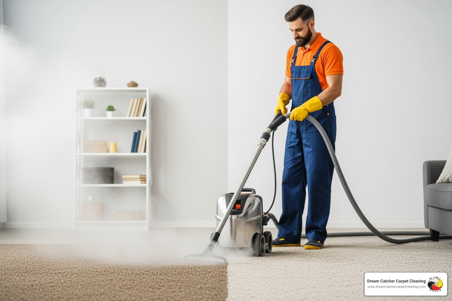 professional carpet cleaner using hot water extraction equipment on a carpet with visible improvement in the cleaned area - does vinegar remove pet stains from carpets