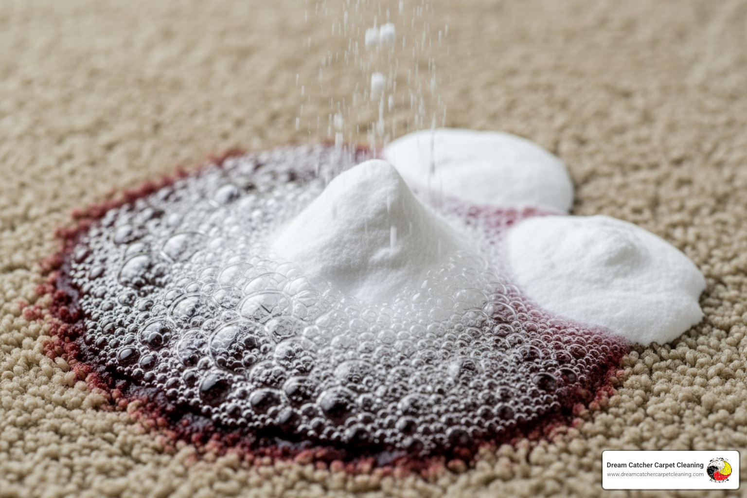 baking soda fizzing and bubbling on a carpet stain after being sprayed with vinegar solution - does vinegar remove pet stains from carpets