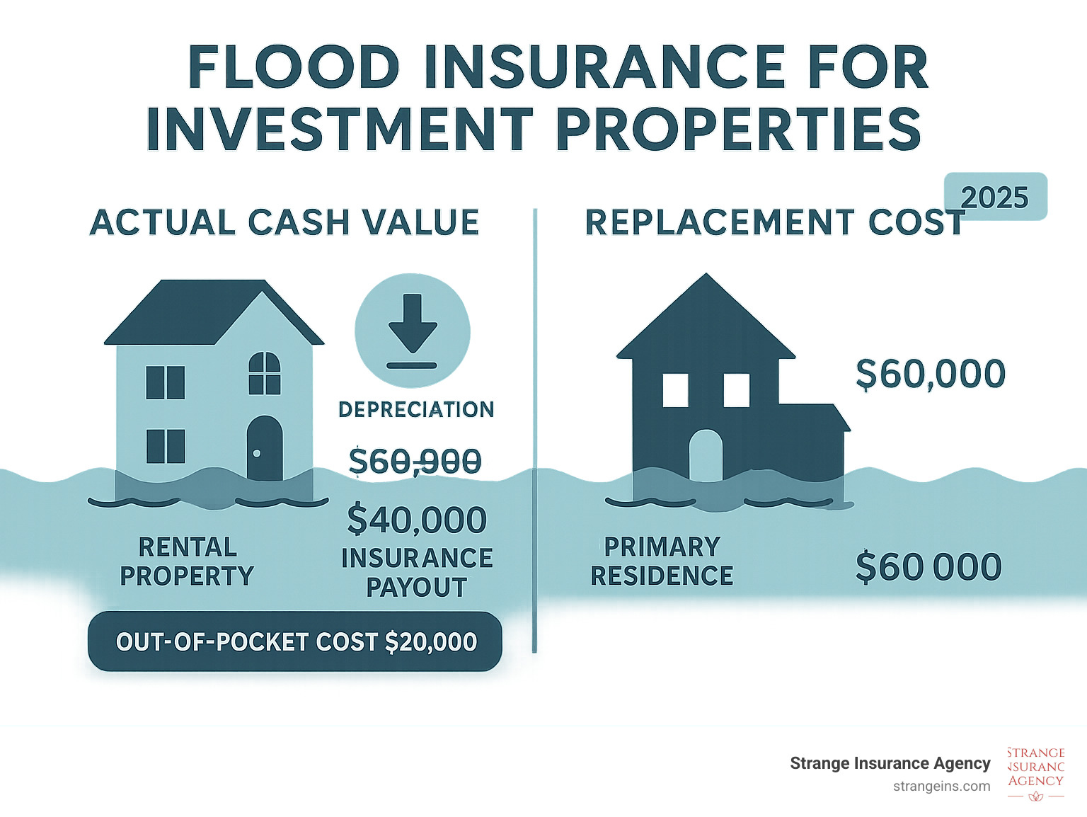 8da0075e7026fb27d7b734ed2056e86a276d7a60 Navigating Flood Insurance Coverage for Your Rental Investments Protect your portfolio. Understand critical flood insurance for investment properties and secure your rental assets from devastating water damage. Infographic showing the difference between Actual Cash Value coverage for rental properties versus Replacement Cost coverage for primary residences, including depreciation calculations and out-of-pocket costs for property owners - Flood insurance for investment properties infographic