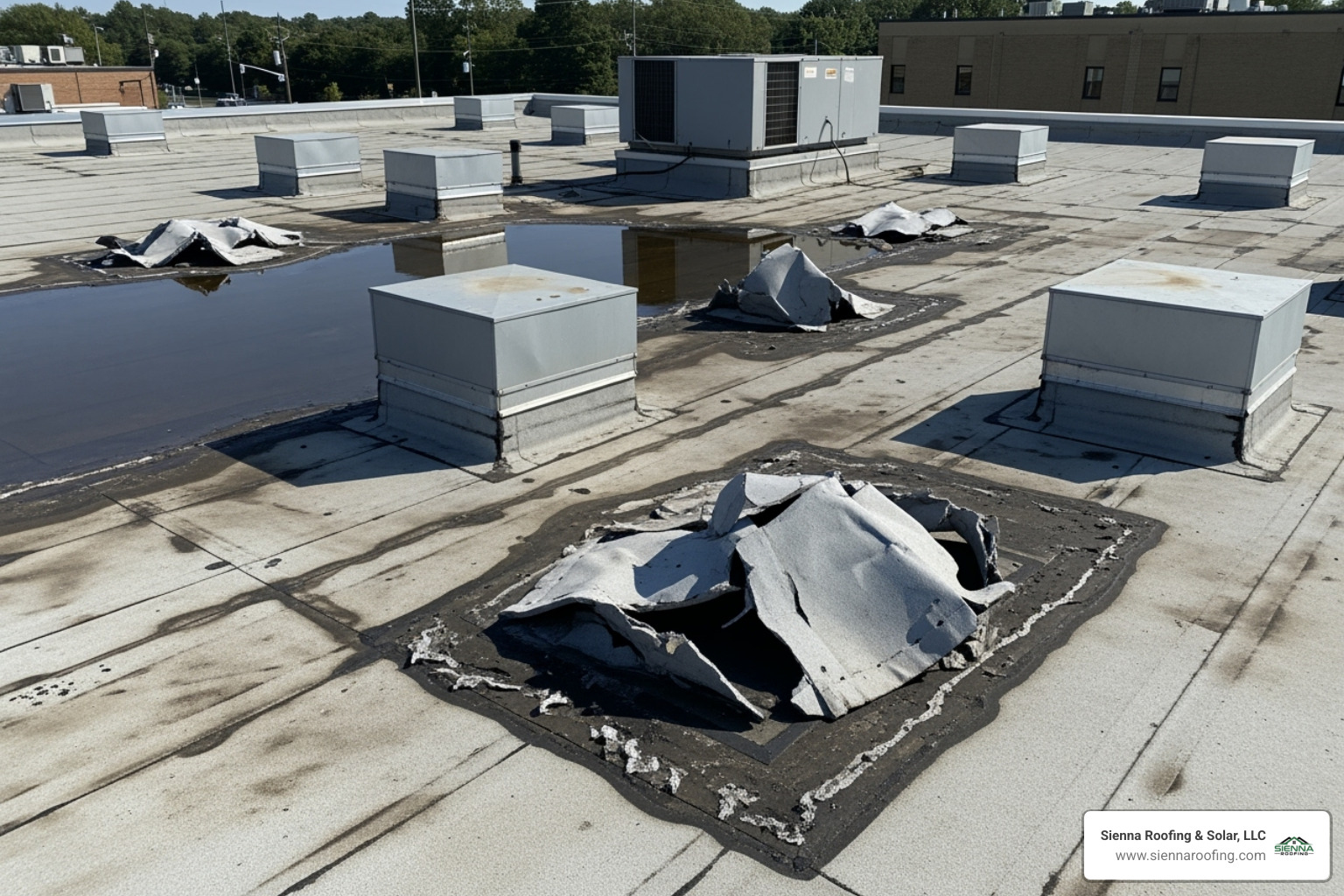 Commercial roof showing clear signs of ponding water, membrane blistering, and damaged flashing around HVAC equipment - commercial roofers