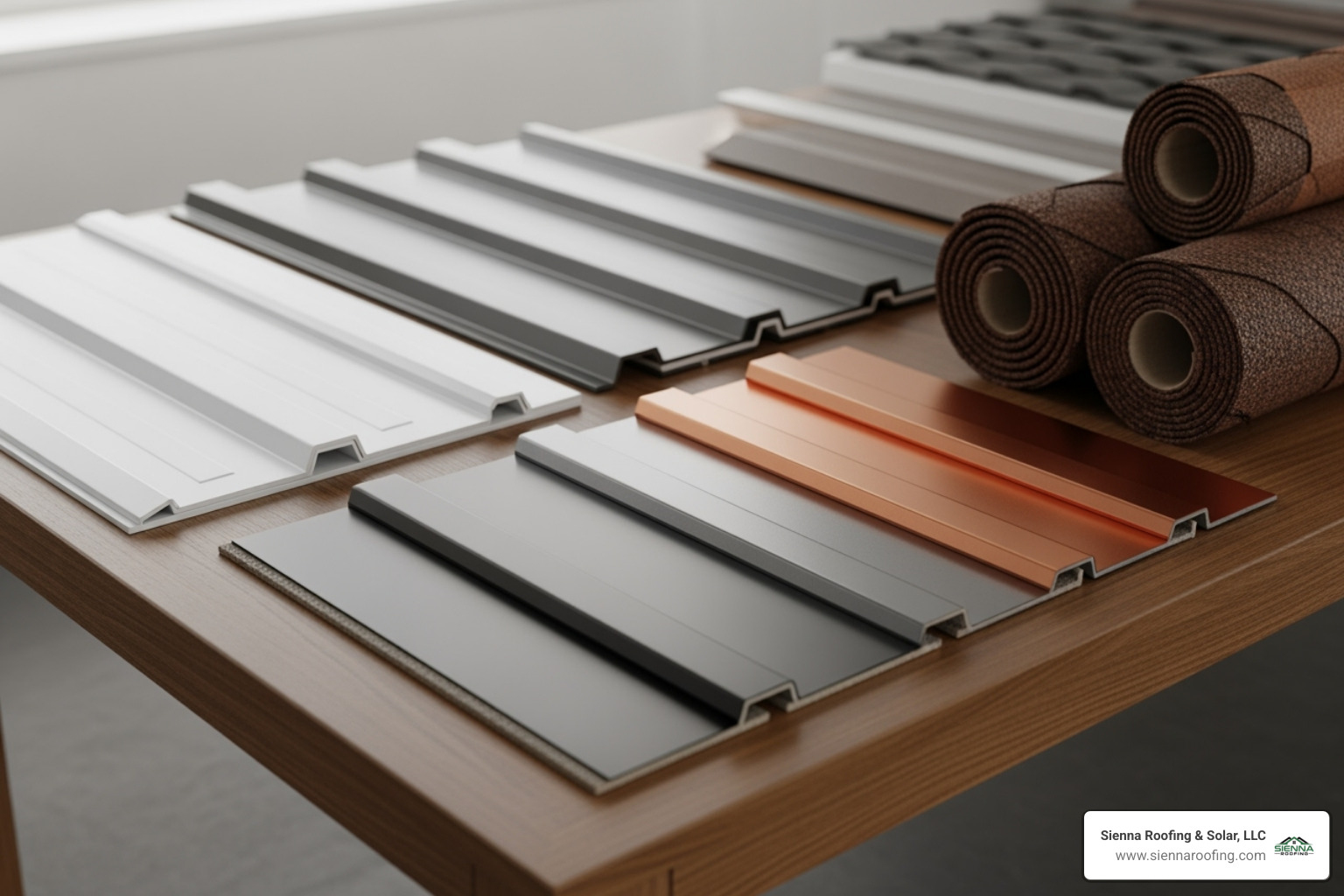 Various commercial roofing material samples including TPO, metal panels, and modified bitumen rolls displayed on a table - commercial roofers