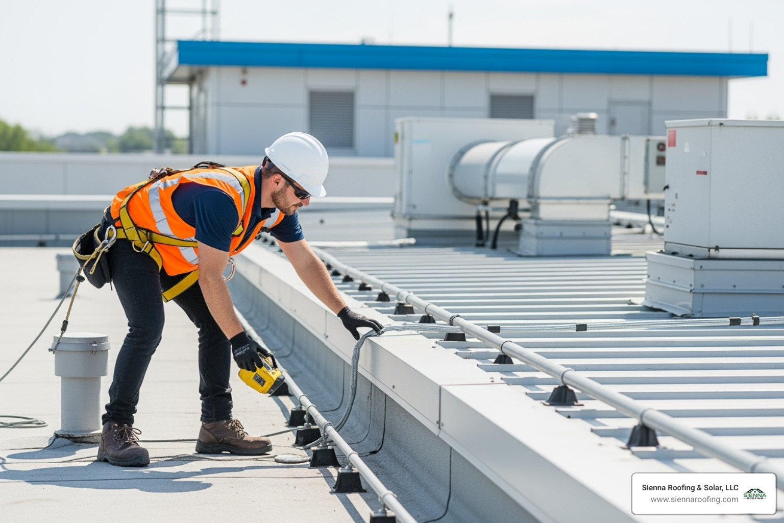 Professional roofer in safety gear performing routine maintenance inspection on a commercial flat roof, checking membrane seams and drainage systems - commercial roofers