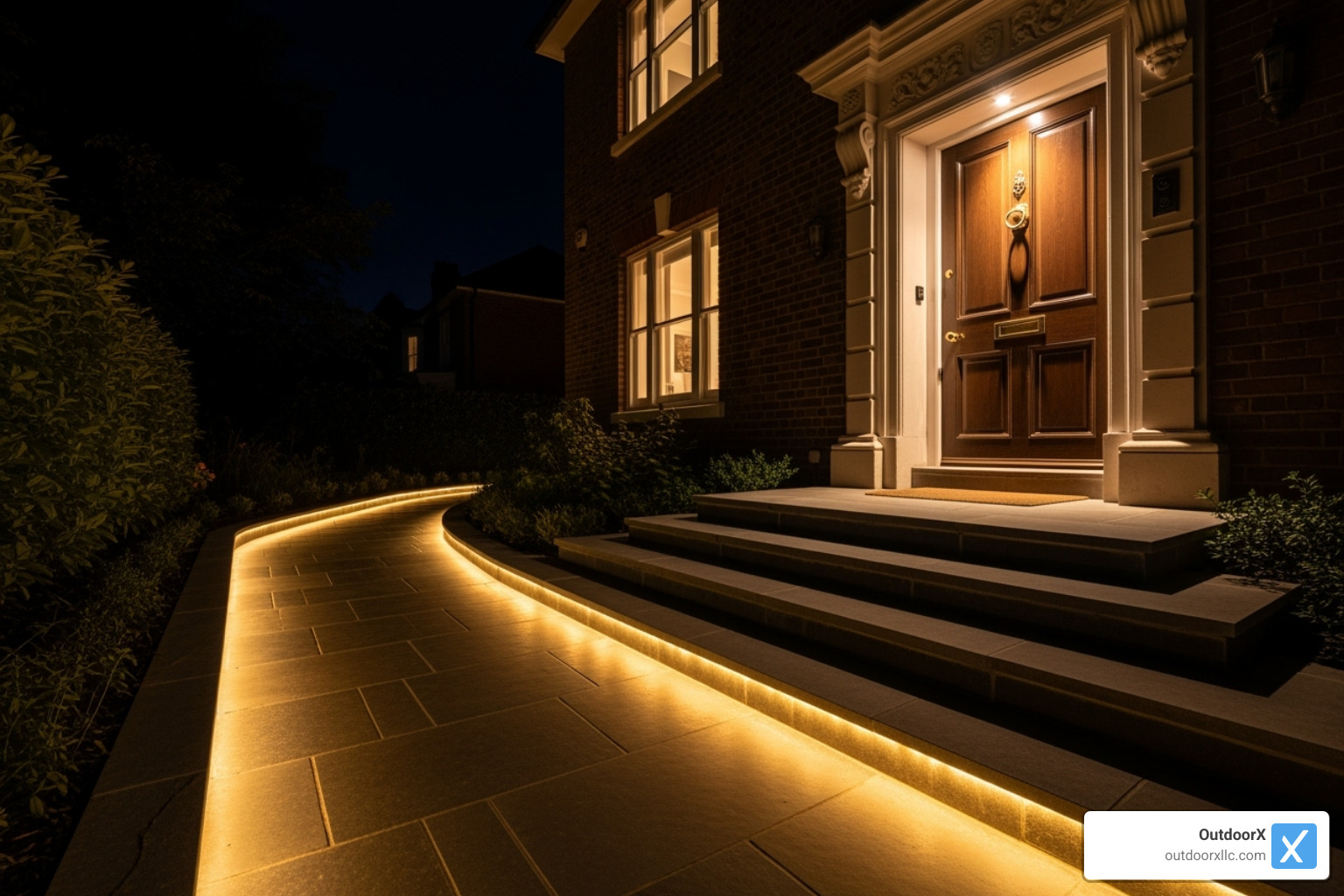 well-lit pathway and steps leading to a front door - landscape lighting beverly ma