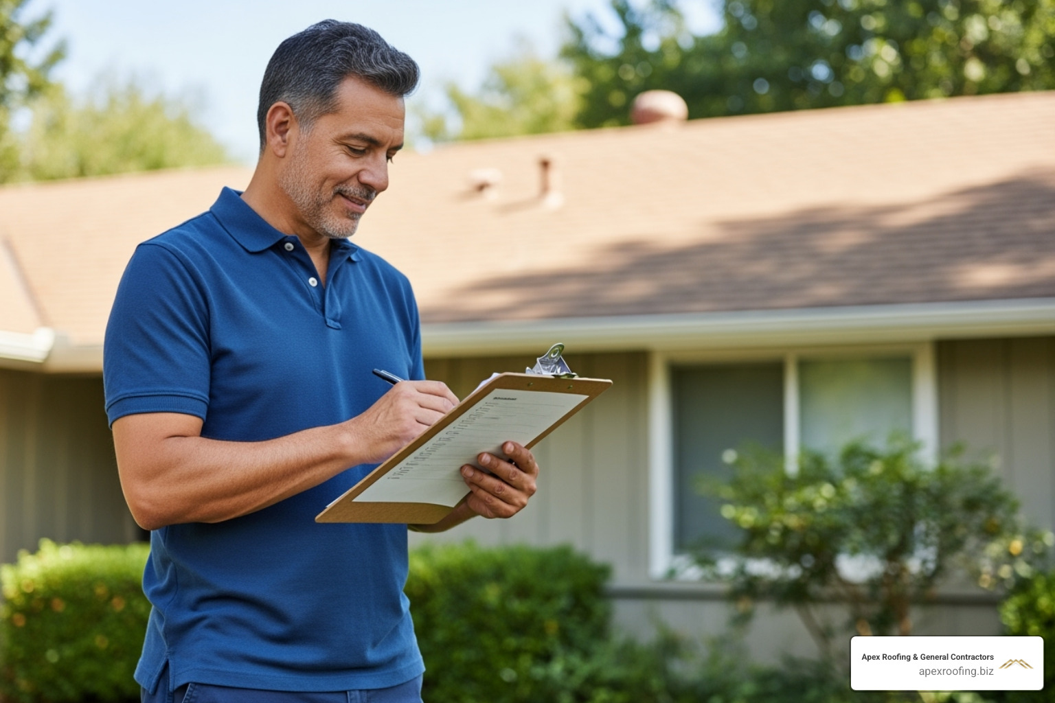 homeowner with checklist and roof in background - handyman roofing repair