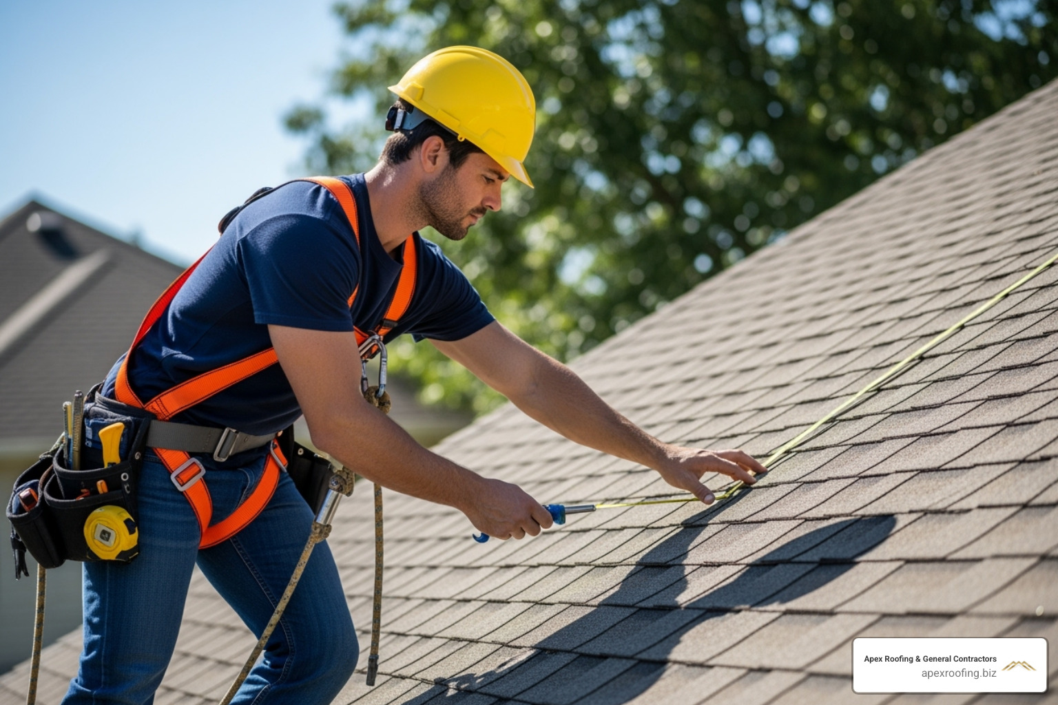 certified professional roofer in safety gear conducting roof inspection - handyman roofing repair
