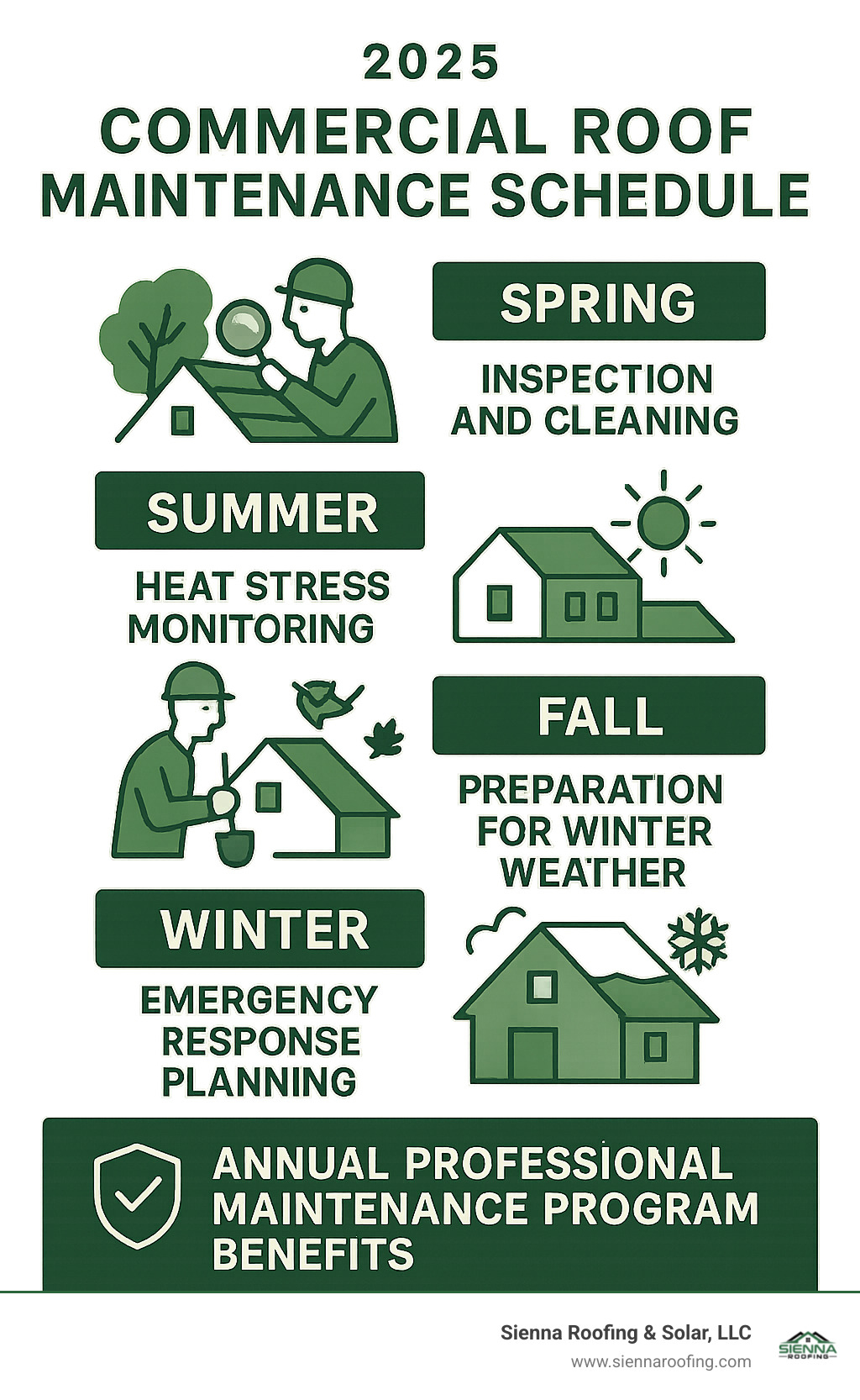 Infographic showing commercial roof maintenance schedule: Spring inspection and cleaning, Summer heat stress monitoring, Fall preparation for winter weather, Winter emergency response planning, with annual professional maintenance program benefits - commercial roofers infographic 