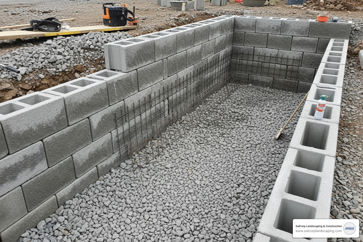 partially built retaining wall showing backfill and reinforcement - how to build a retaining wall on a slope