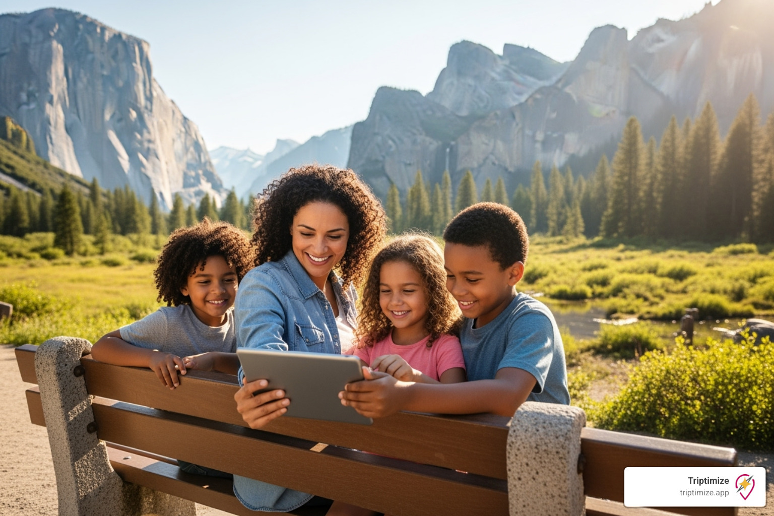 A family happily looking at a tablet with their itinerary, with a beautiful landscape in the background - personalized travel itinerary