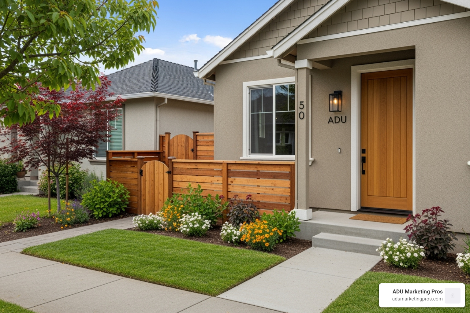 Well-designed ADU entrance that is visible from the street but maintains privacy for both dwellings - ADU urban design Well-designed ADU entrance that is visible from the street but maintains privacy for both dwellings - ADU urban design