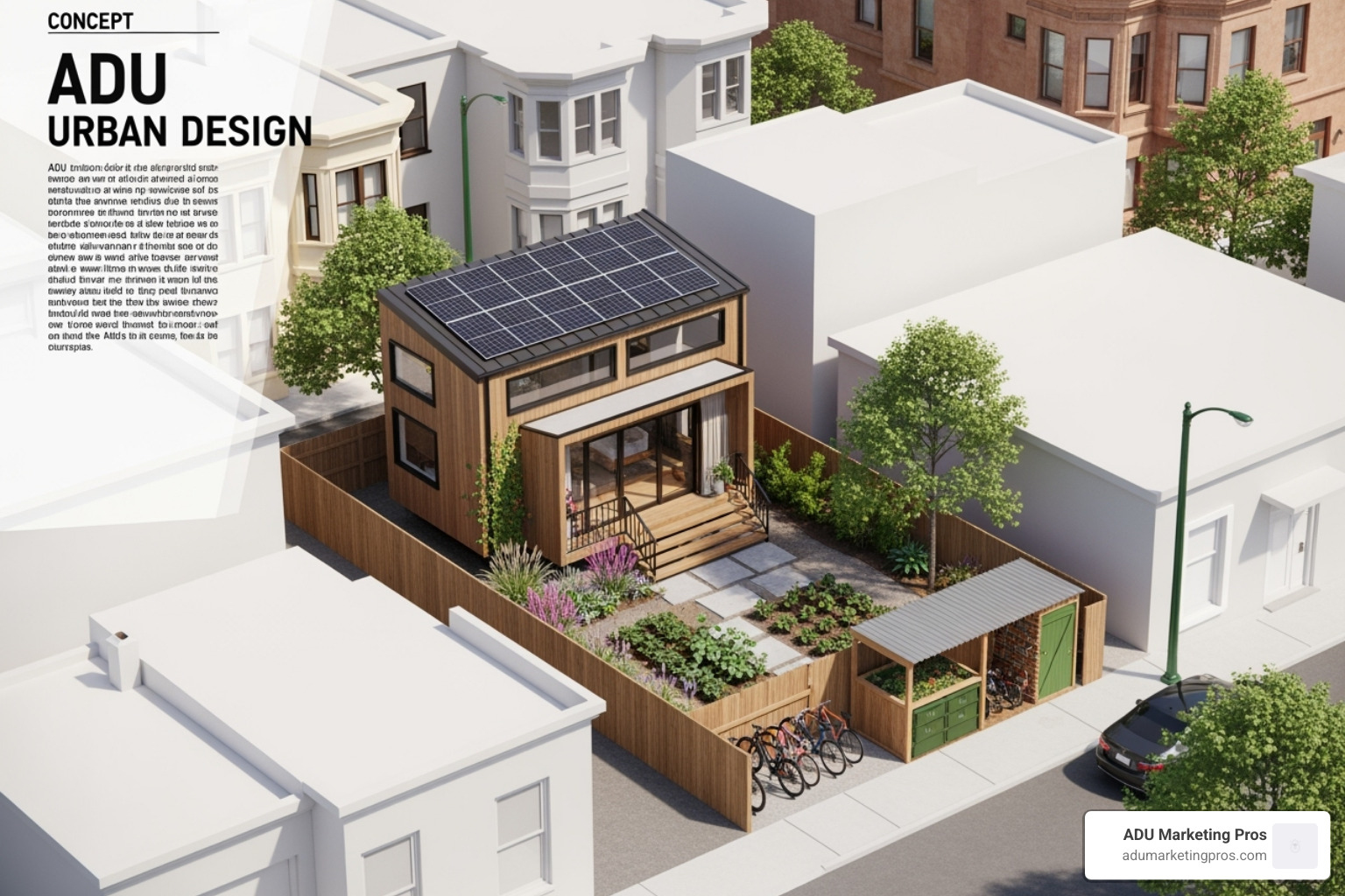 Diagram illustrating detached, attached, and internal conversion ADUs on a suburban lot - ADU urban design Diagram illustrating detached, attached, and internal conversion ADUs on a suburban lot - ADU urban design