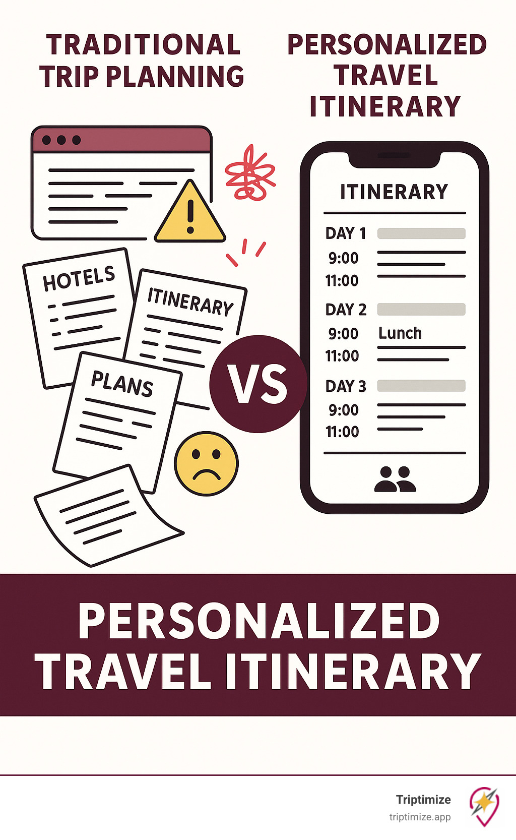Infographic showing chaotic traditional trip planning with scattered papers, multiple browser tabs, and stress symbols contrasted with streamlined personalized itinerary displayed on a smartphone with organized daily schedules, local recommendations, and collaboration features - personalized travel itinerary infographic 