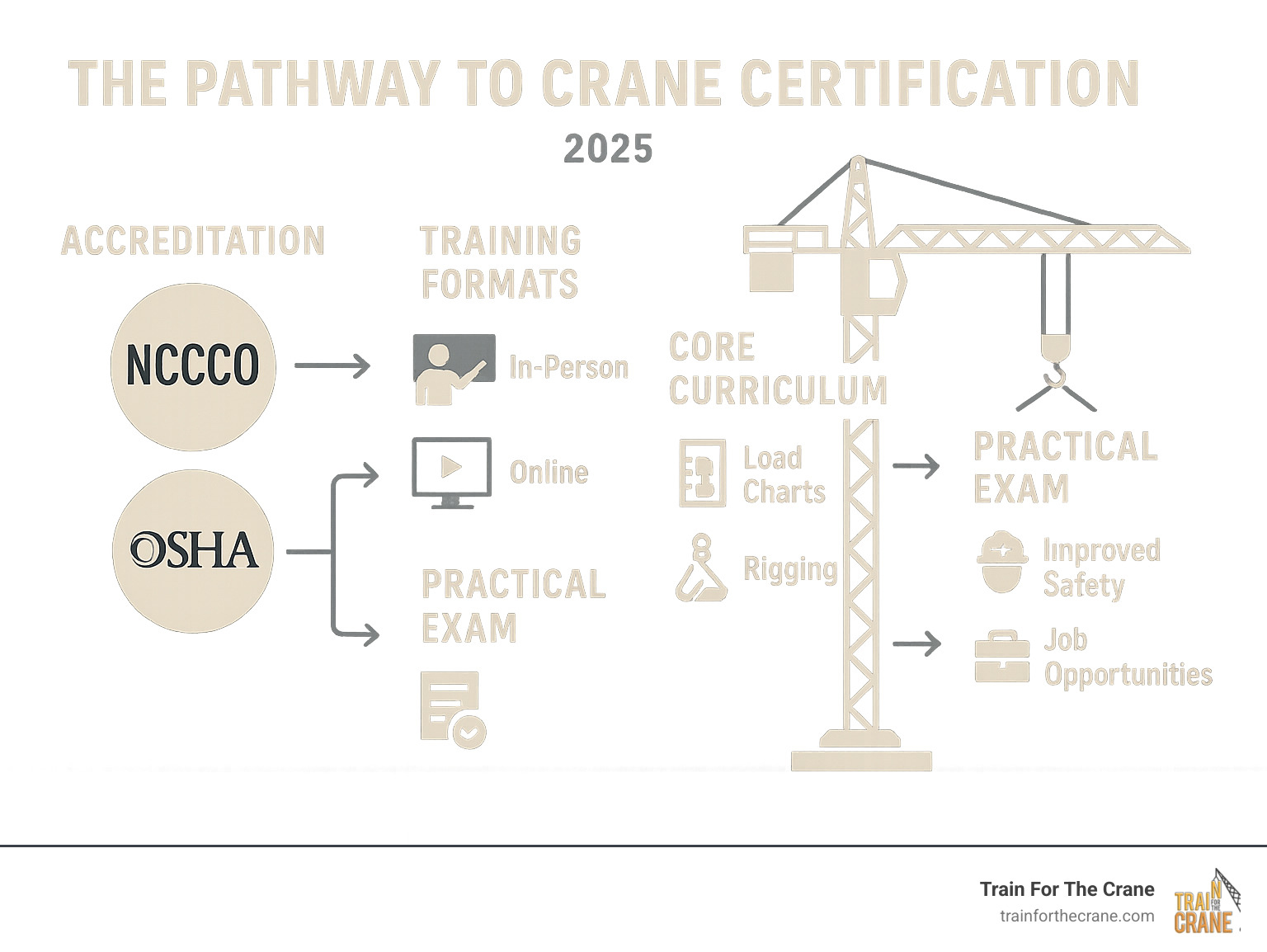 Comprehensive infographic showing the pathway to crane certification including accreditation bodies like NCCCO and OSHA, training formats such as in-person and online options, core curriculum topics like load charts and rigging, practical exam requirements, and career benefits including improved safety and job opportunities - Accredited crane training infographic