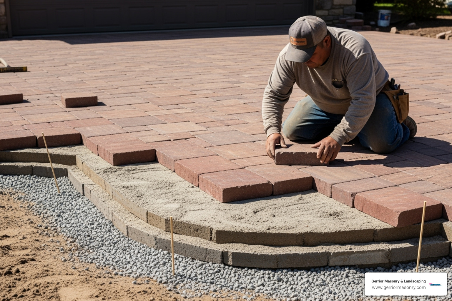 professional installing natural stone pavers showing proper base preparation - Natural stone driveway pavers