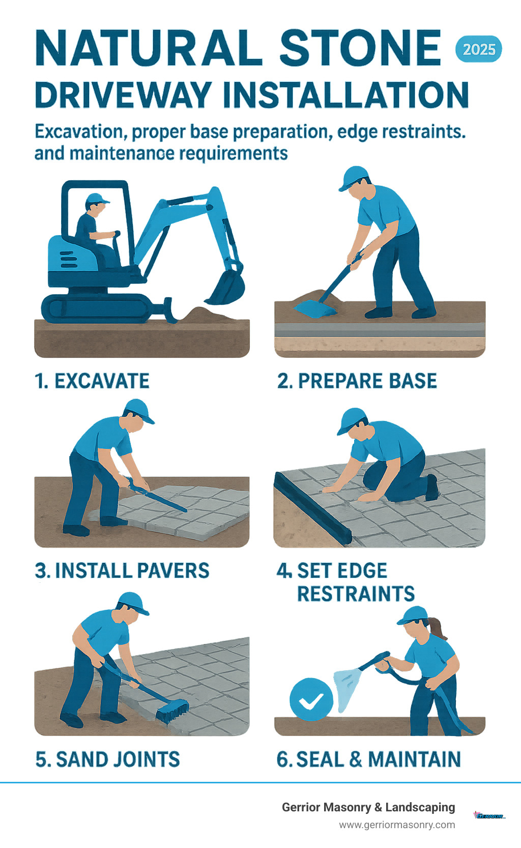 Infographic showing natural stone driveway installation process from excavation through final sealing, highlighting proper base preparation, edge restraints, and maintenance requirements - Natural stone driveway pavers infographic 