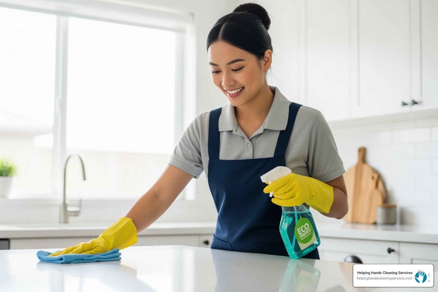 uniformed professional cleaner smiling while wiping a counter with eco-friendly products - maid service
