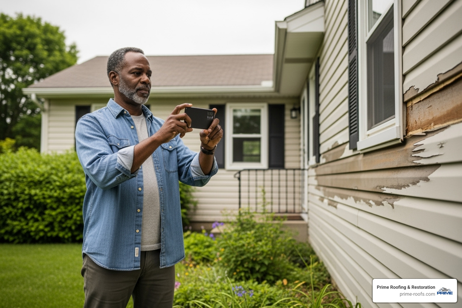 homeowner taking photos of damaged siding from ground level - hail damage roofers