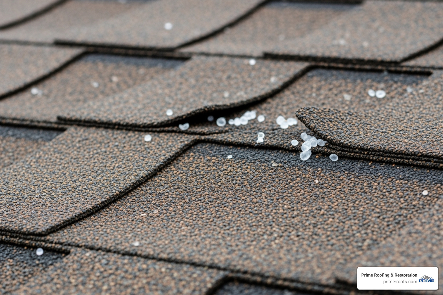 close-up view of hail-dented asphalt shingle showing granule loss and bruising - hail damage roofers