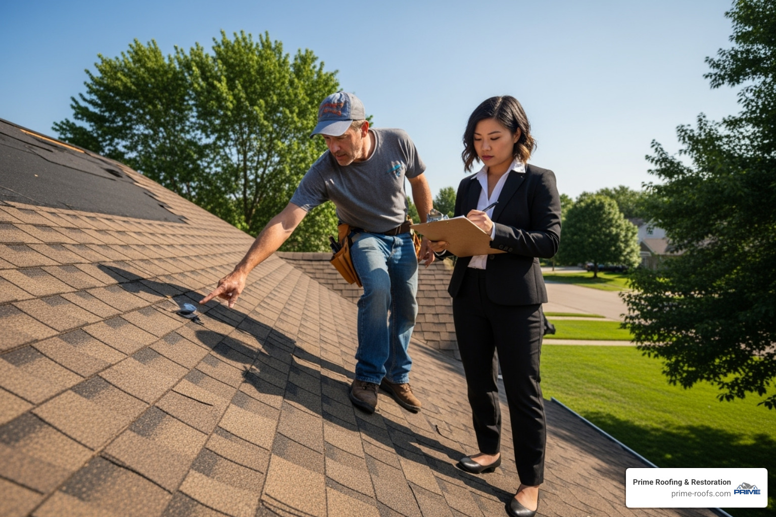 roofer and insurance adjuster inspecting roof together - hail damage roofers