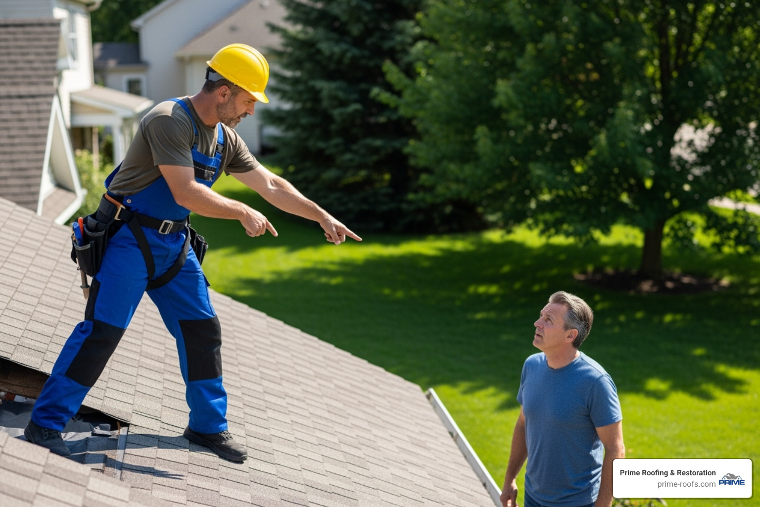 professional roofer on roof pointing out damage to homeowner below - hail damage roofers