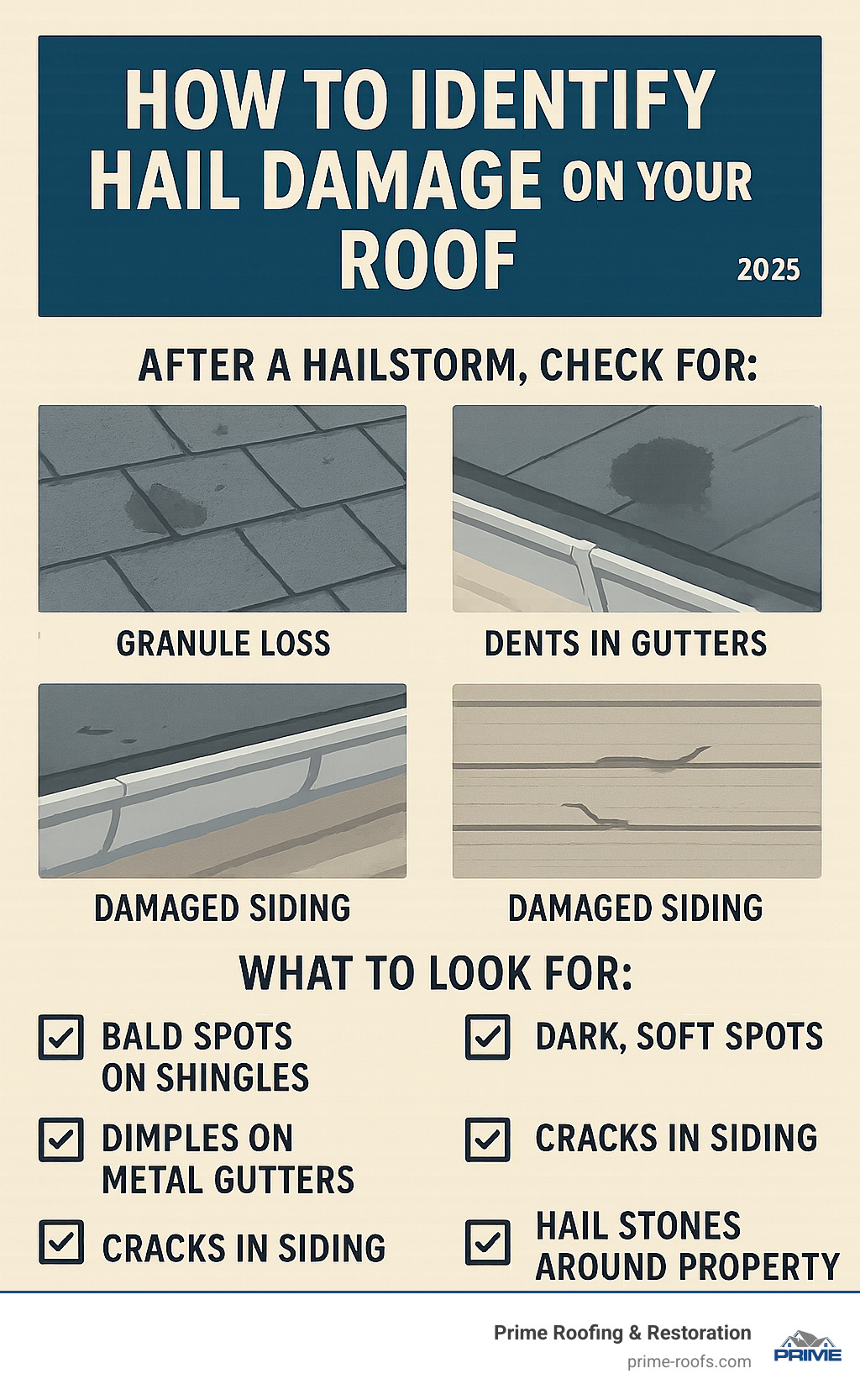 Comprehensive infographic showing the step-by-step process of identifying hail damage on roofs, including visual examples of granule loss, bruising on asphalt shingles, dents in gutters, and damaged siding, with a checklist of what homeowners should look for after a hailstorm - hail damage roofers infographic 