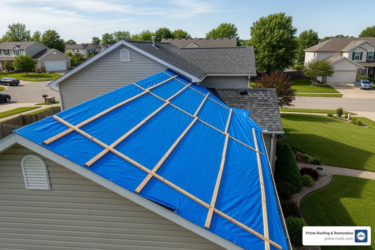 Roof tarp properly secured over damaged area - Affordable roof replacement